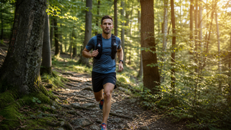 Trailrunning Einsteiger – Läufer auf Waldweg im Taunus bei Frankfurt für die ersten Schritte abseits des Asphalts