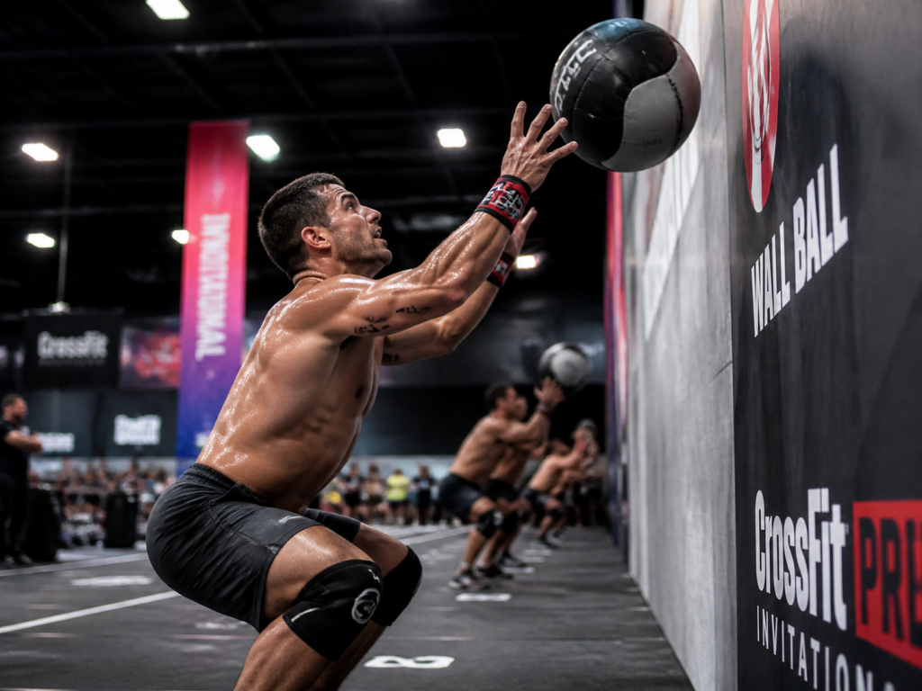 HYROX Station Wall Balls – Athlet wirft Medizinball bei Fitness-Wettkampf