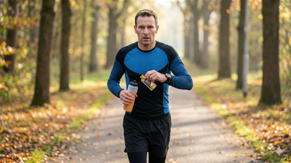 Läufer trinkt isotonisches Getränk aus Sportflasche während eines Long Runs.