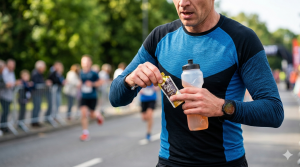 Läufer Hände mit Energie Gel und Wasserflasche für Marathon Verpflegung Test