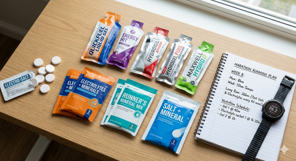 Marathon-Verpflegungsplan mit verschiedenen Energy-Gels, Elektrolyt-Tabletten und Trainingsplan auf einem Schreibtisch.