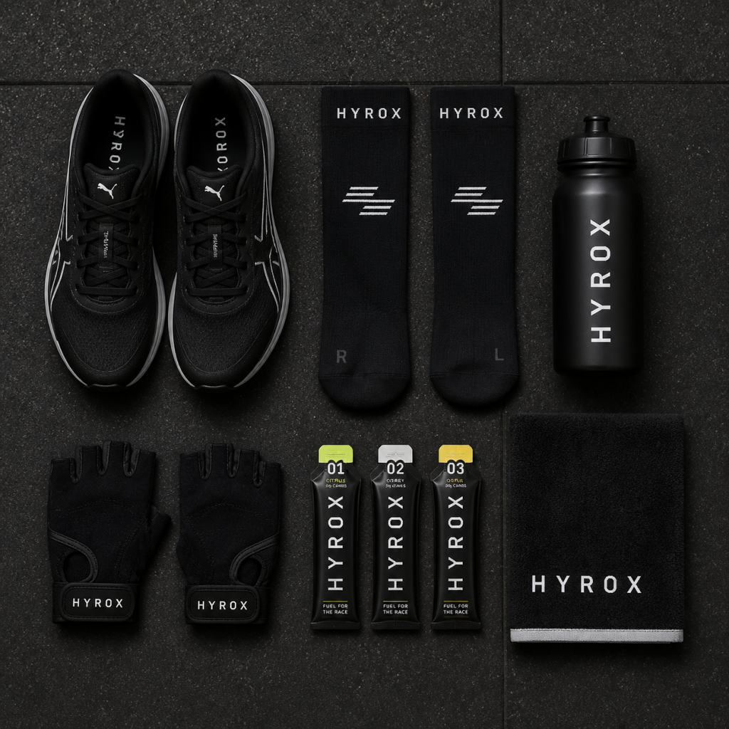 HYROX Ausrüstung: Laufschuhe, Trainingshandschuhe und Kompressionssocken für den Wettkampf
