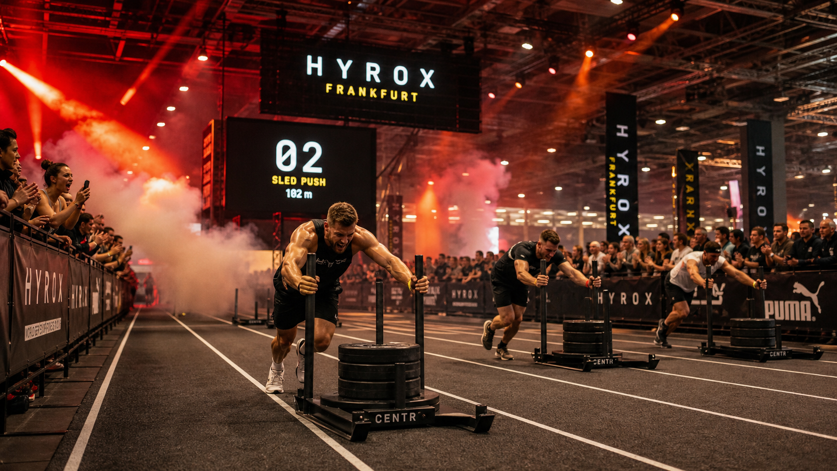 HYROX Frankfurt 2026 – Athleten beim Wettkampf in der Messe Frankfurt