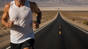 Muskulöser Läufer auf Wüstenstraße im Death Valley – Hybrid Athlete Mindset beim Ultramarathon über 600km