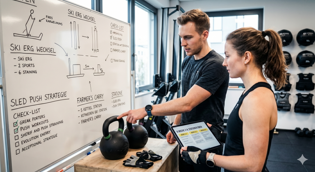 HYROX Doubles Partner planen die Stationsaufteilung und Strategie an einem Whiteboard im Fitnessstudio, inklusive Trainingsuhr und Handschuhen.