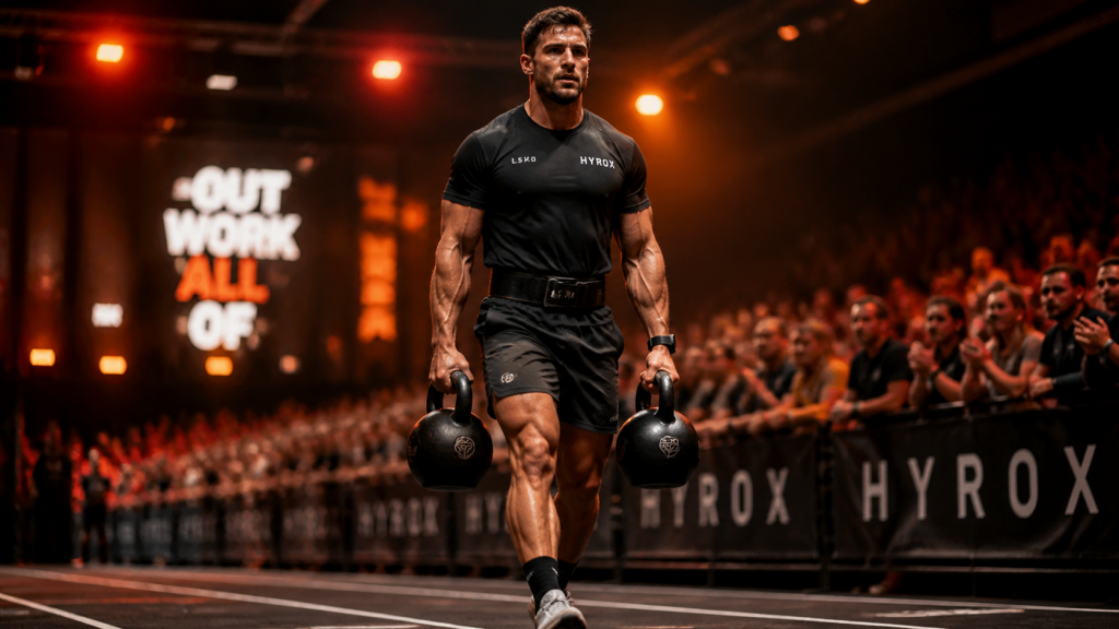 HYROX Wettkampf Farmer's Carry – Athlet trägt schwere Kettlebells beim Fitness-Wettkampf