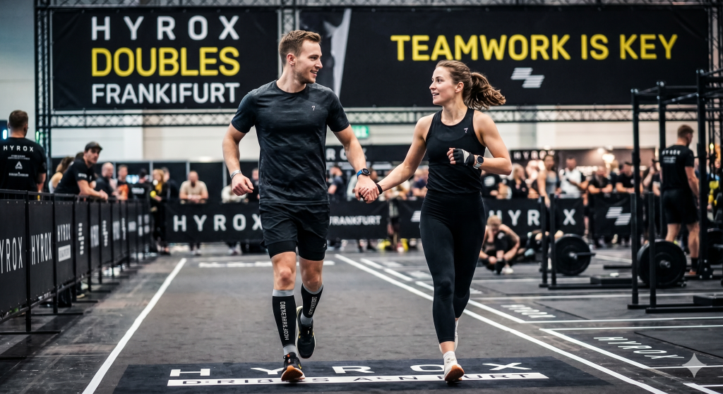 Ein Mixed-Team läuft motiviert und synchron beim HYROX Doubles Frankfurt Rennen, perfekt für Einsteiger.