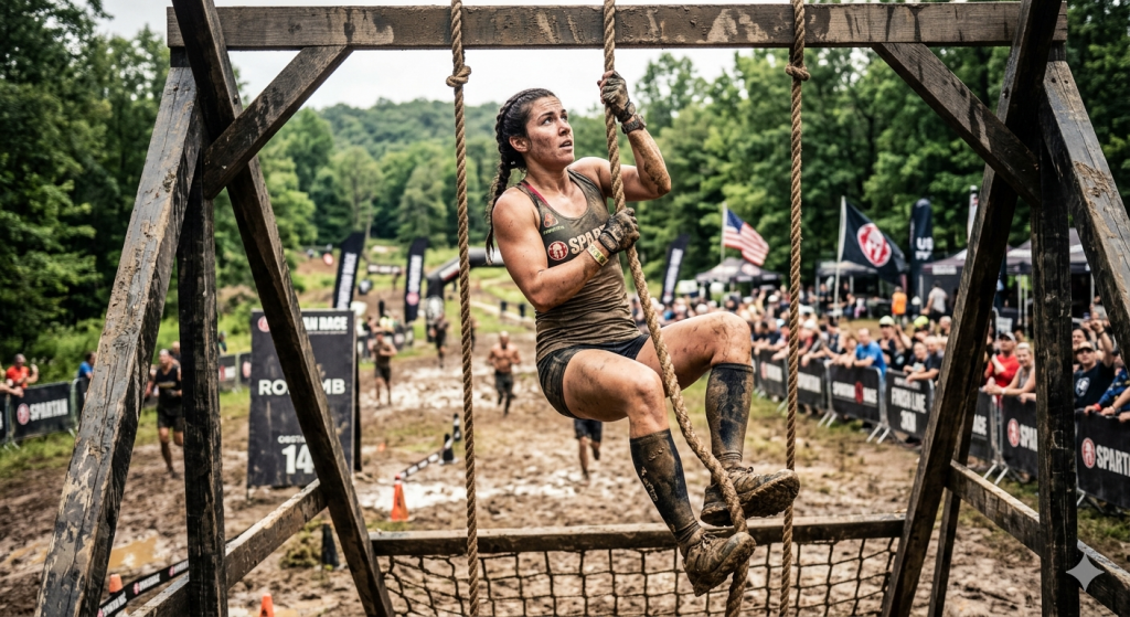 Spartan Race Hindernislauf – Athletin beim Seilklettern im Outdoor-Gelände