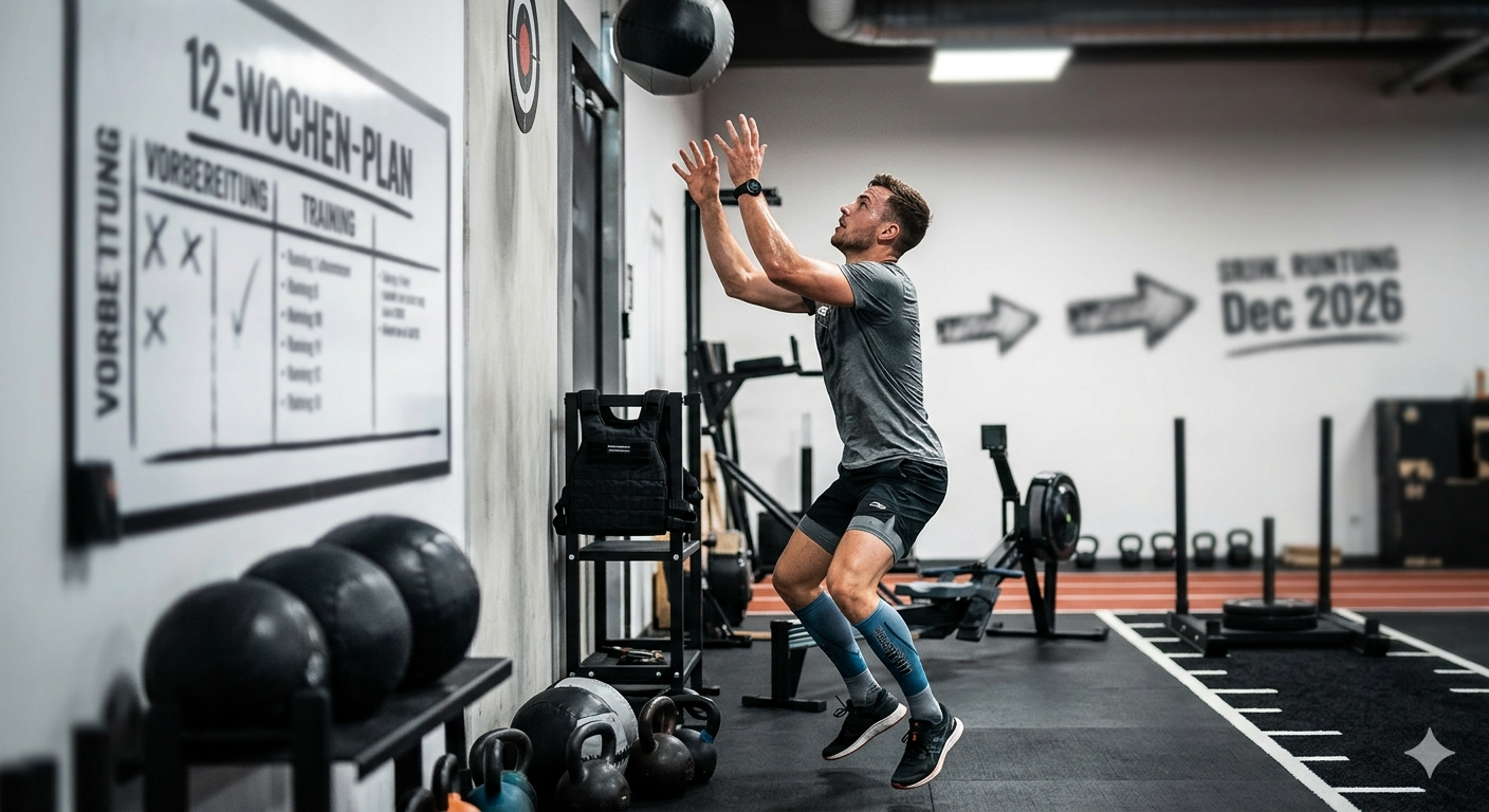 Ein Athlet trainiert intensiv mit Wall Balls im Fitnessstudio als Vorbereitung für den HYROX Frankfurt 12-Wochen-Trainingsplan.
