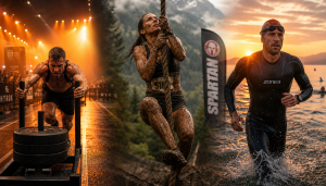 Spartan Race Hindernislauf – Athletin beim Seilklettern im Outdoor-Gelände