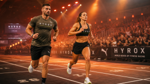 HYROX Doubles – zwei Athleten beim gemeinsamen Partnerwettkampf in der Messehalle